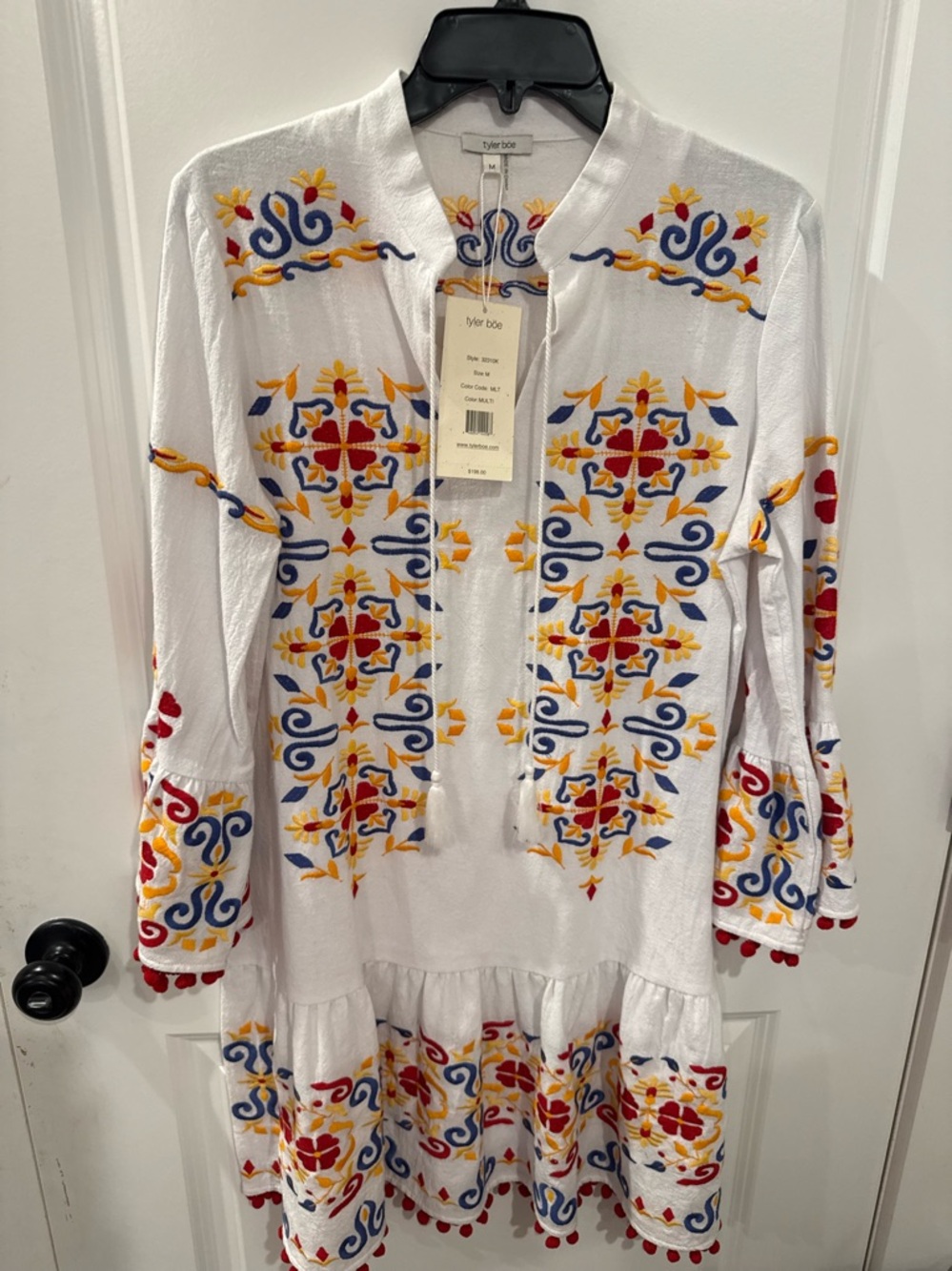 Tyler Boe White Embroidered Tunic with Red, Blue, Yellow Accents